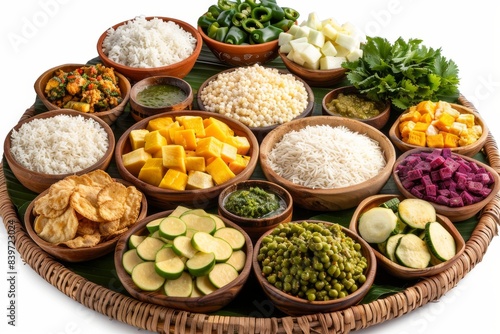 Colorful platter with assorted rice, vegetables, and condiments in wooden bowls, showcasing a vibrant and healthy meal