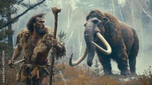 Neanderthal man running away from woolly mammoth, strong primitive bearded human hunts animal, caveman of prehistoric era outdoor. Concept of Homo Sapiens, people, Stone Age and haunter.