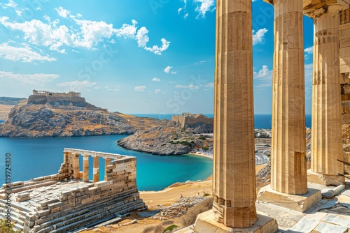 Słynna atrakcja turystyczna - Akropol w Lindos. Starożytna architektura Grecji. Cele podróży na wyspie Rodos