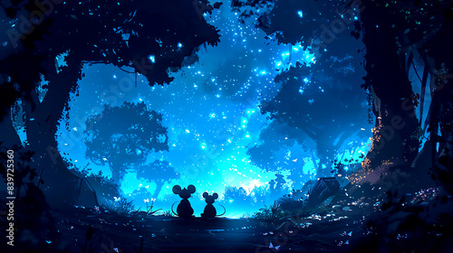 A Pair of Mice Sitting Together Looking at a Starlit Sky in a Forest at Night