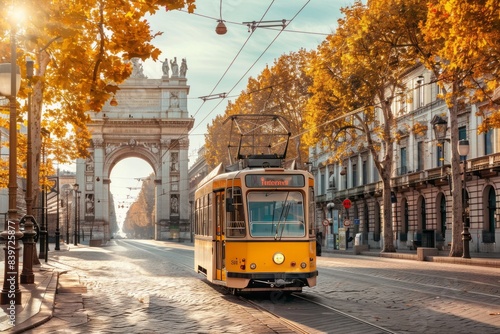 Famous vintage tram in the centre of the Old Town of Milan in the sunny day, Lombardia, Italy. Arch of Peace, or Arco della Pace on the background 