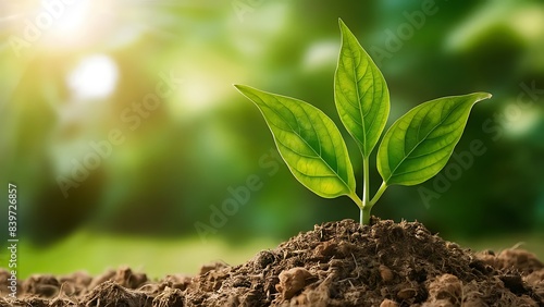 Sustainable development with a green plant growing from soil symbolizing eco-friendly growth and environmental stewardship