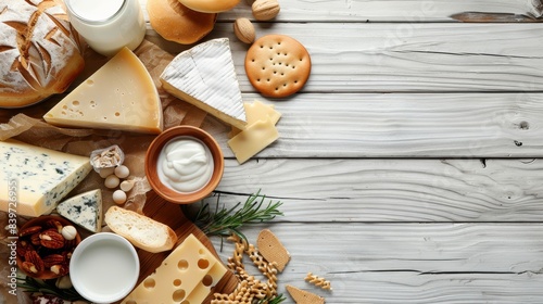 Assorted dairy products, milk, and cheese on bright wooden surface for a detailed close up view