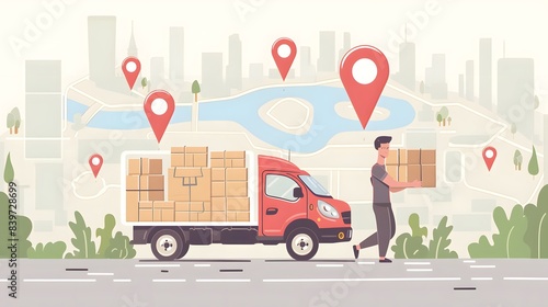 Express delivery truck with man is carrying parcels on points. Concept online map, tracking, service. Vector illustration. 