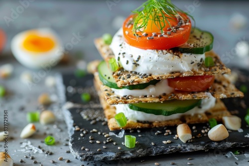 Healthy vegetarian snack with chia seed crackers cream cheese veggies egg and onion