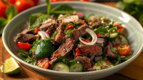 A bowl of spicy Thai beef salad (Yum Nua) with fresh herbs, tomatoes, and onions, served with a tangy lime dressing