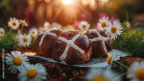  A cluster of buns resting atop an iced platter alongside daisies
