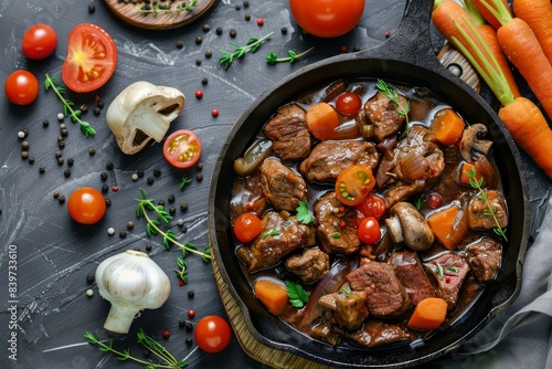 Making Beef Bourguignon in cast iron pan with vegetables and spices