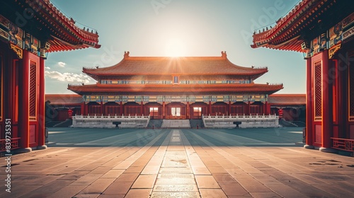 A traditional Chinese architecture in front of the Forbidden City with a spacious courtyard and bright sunshine, generated with AI