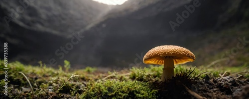 Fly mushrooms in the forest. Close-up. Amanita. Banner, poster, background. Copy space. In the style of realistic photo
