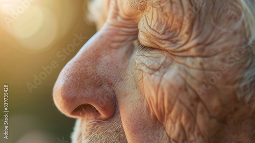 A closeup of an elderly persons face with a serene expression focusing on their breath during a mindfulness practice