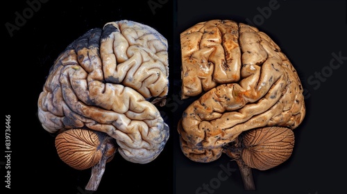 A splitscreen image showing the contrast between a sharp and healthy brain with a dull and shrunken brain affected by Lewy body disease