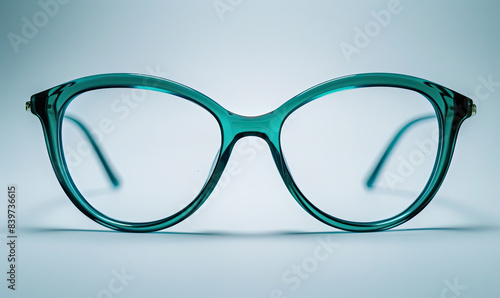 Fashionable teal eyeglasses on white background