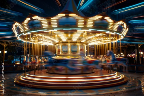 Night scene at DisneyLand with spinning carousel blurred due to low shutter speed