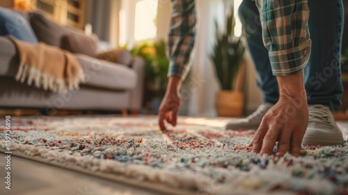 A professional home assessor pointing out potential fall hazards such as loose rugs or cluttered pathways in a home that is being evaluated for dementia care