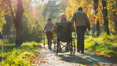 An elderly man being pushed in a wheelchair by his friends on a sunny park trail