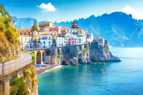 Landscape with Atrani town at famous amalfi coast, Italy 