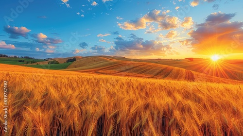 Stunning Golden Wheat Field with Vibrant Sunset and Blue Sky with Clouds - Nature's Splendor Captured in a Serene Rural Landscape