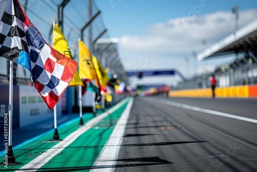 Racing flags at track during break in competition car race