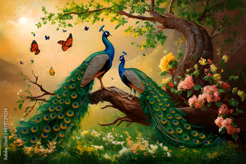 3D wallpaper , oil painting tree branch with flowers , oil painting two peacock with small and large butterflies. 