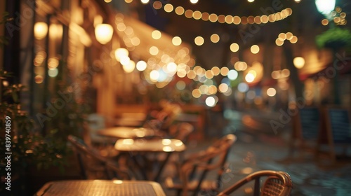 Romantic parisian bistro decor with outdoor wrought iron tables, rattan chairs, and string lights