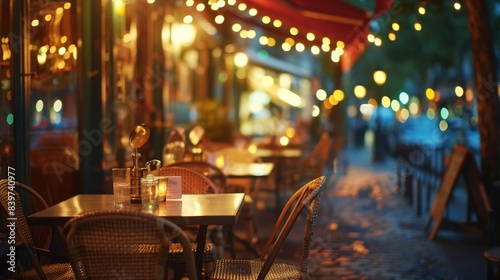 Blurred parisian bistro decor sidewalk cafe, wrought iron tables, rattan chairs, string lights