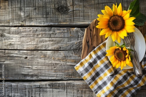 Sunflower picnic setting on rustic wood background with space for text