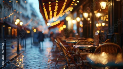 Blurred parisian bistro outdoor cafe with iron tables, rattan chairs, romantic string lights