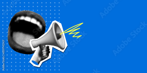 Pop art modern collage with screaming mouth and bullhorn. Halftone newspaper elements. Advertising banner with megaphone and copy space. Announcement banner of news, sales. Loudspeaker announces