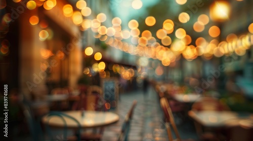 Romantic parisian bistro with sidewalk cafe setting and string lights blurred outdoor dining scene