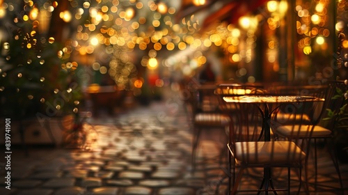Romantic parisian bistro outdoor dining with wrought iron tables, rattan chairs, and string lights
