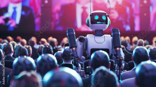 Audience following fake news on television, an AI robot is speaking into the microphones and spreading false information 