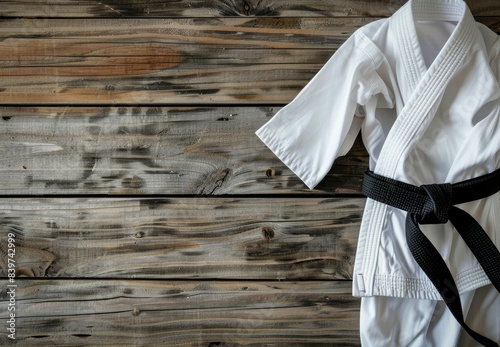 Top view of black belt white kimono on wooden background with space for text