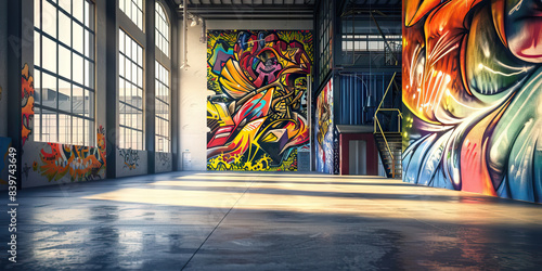 Factory Mural Project: A factory space used as a canvas for a large-scale mural project, with artists creating colorful and expressive murals on the blank walls.