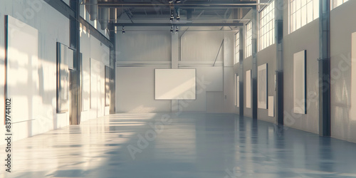 Factory Turned Exhibition Space: A factory space transformed into an exhibition space, with blank walls displaying art pieces created by local artists.