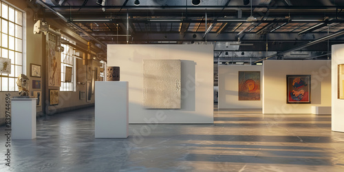 Industrial Art Gallery: A factory space converted into an art gallery, with blank walls showcasing various artworks, sculptures, and installations. 