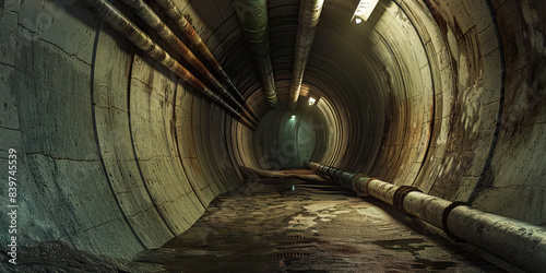 Sewer System: A realistic depiction of a sewer system, complete with concrete tunnels, pipes, and dim lighting, perfect for a crime or mystery show.