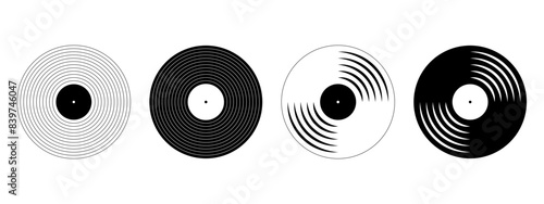 Vinyl records icons. LP or long play music discs isolated on white background. DJ equipment for disco or techno party. 70s 80s 90s discotheque nostalgia concept. Vector graphic illustration.