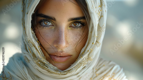 Close up portrait of a woman with hazel eyes and freckled skin wearing a headscarf with golden embroidery. Generated by AI.