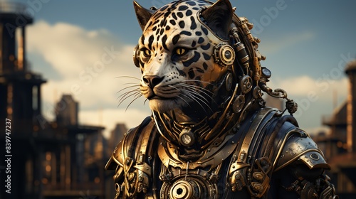 A steampunk cheetah with mechanical limbs, gears embedded in its fur, and a vintage monocle, prowling through an industrial landscape 