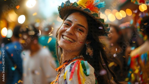 Brazilian beautiful young woman dancing in Festa Junina celebration. Girl in traditional clothes