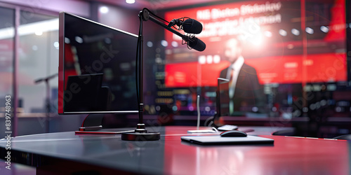 News Anchor Desk: A sleek and modern desk with a large monitor, microphone, and newsroom backdrop, ready for a news anchor to deliver the latest headlines.
