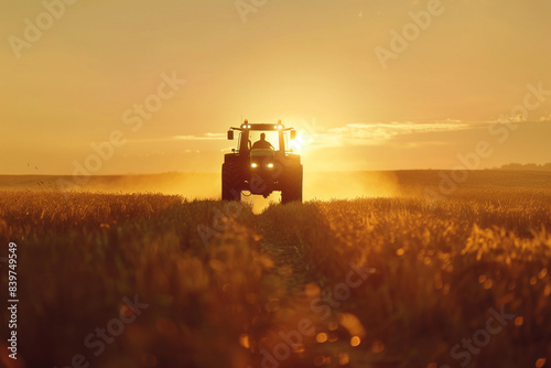 Trattore durante l'irrigazione di un campo agricolo al tramonto