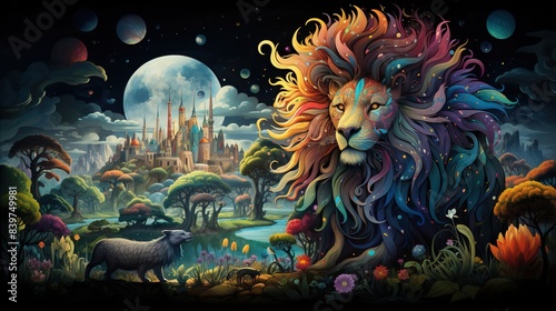A surreal scene of a lion leading a pride through a fantastical landscape, with floating islands and mystical creatures 