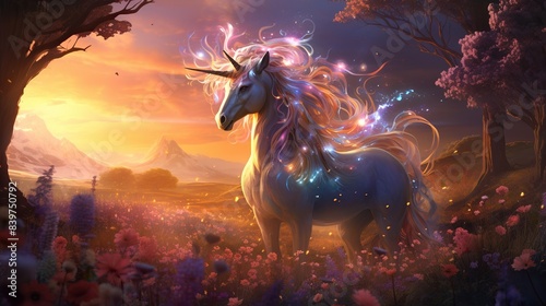 A unicorn with a shimmering mane, golden hooves, and a horn that glows with magical energy, 