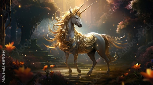 A unicorn with a shimmering mane, golden hooves, and a horn that glows with magical energy, 