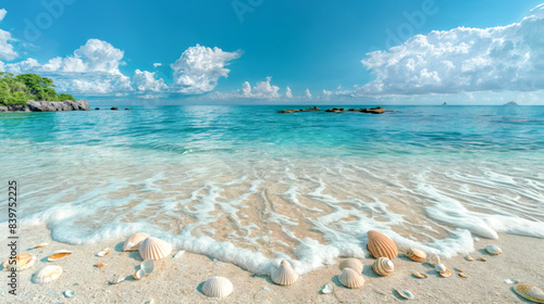 Sunny tropical beach landscape with white sand and turquoise clear water rocks and shells spread across the sand. Cool background in summertime