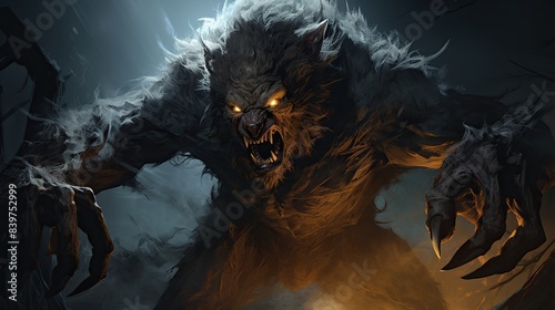 A werewolf mid-transformation, with fur growing and claws extending, set against a full moon -- 