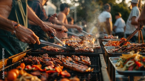 People grilling meat and vegetables at outdoor barbecue. Summer gathering concept.