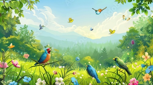 Beautiful birds on the background of forest, field, panorama of nature spring. Generative Ai